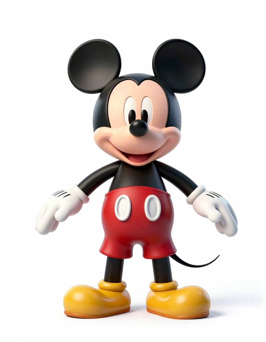 A full-length shot of the classic Mickey Mouse standing in a strict pose of the letter "T", legs shoulder-width apart, arms spread apart, on a pure white background,…