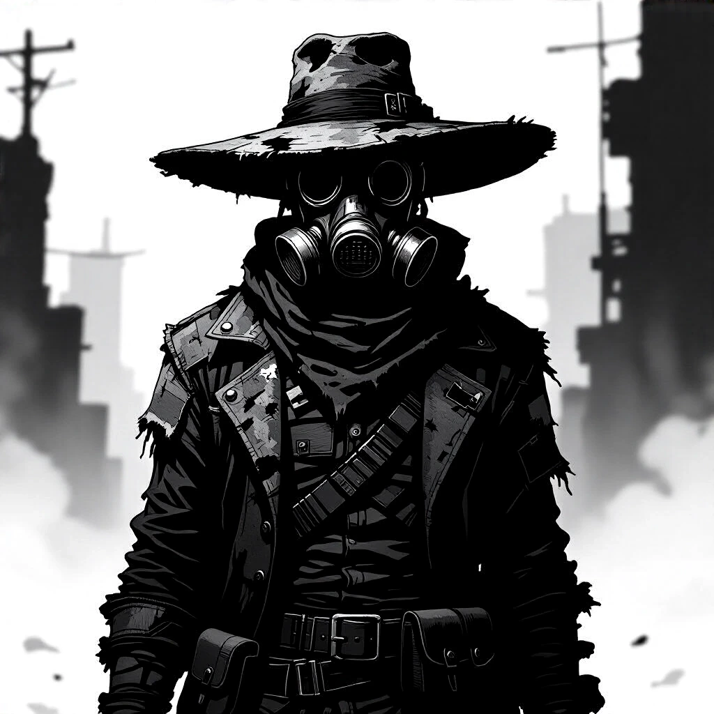 A tall, broad-shouldered male trader in a post-apocalyptic wasteland, wearing a patchwork of tattered, layered clothing that hides his entire body, his face obscured by a…