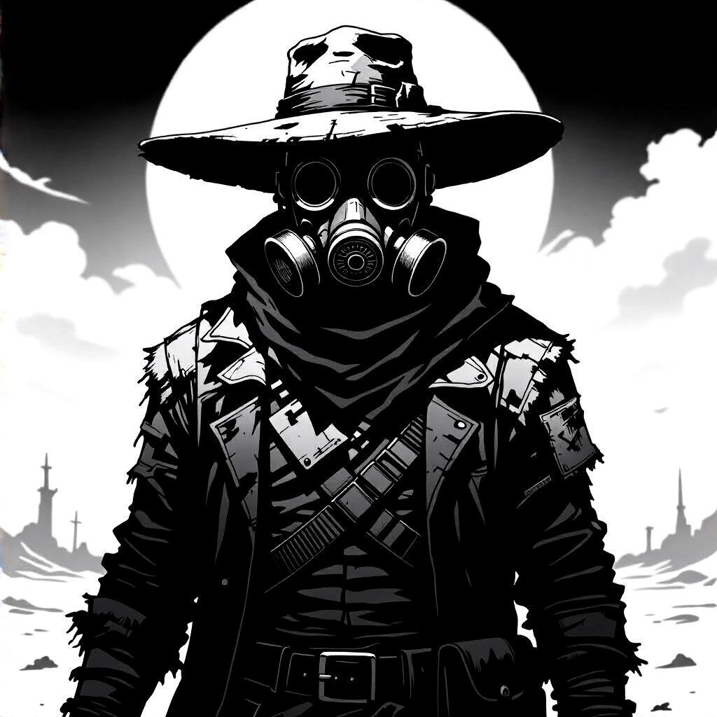 A tall, broad-shouldered male trader in a post-apocalyptic wasteland, wearing a patchwork of tattered, layered clothing that hides his entire body, his face obscured by a…