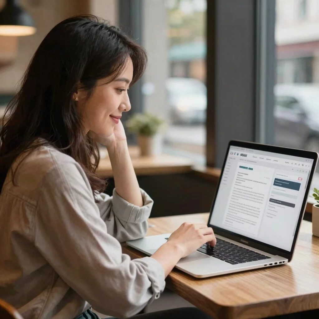 A relaxed confident woman in her early 30s sitting at a café table, laptop open, casually looking at multiple job offer letters or tabs on screen with a calm satisfied smile,…