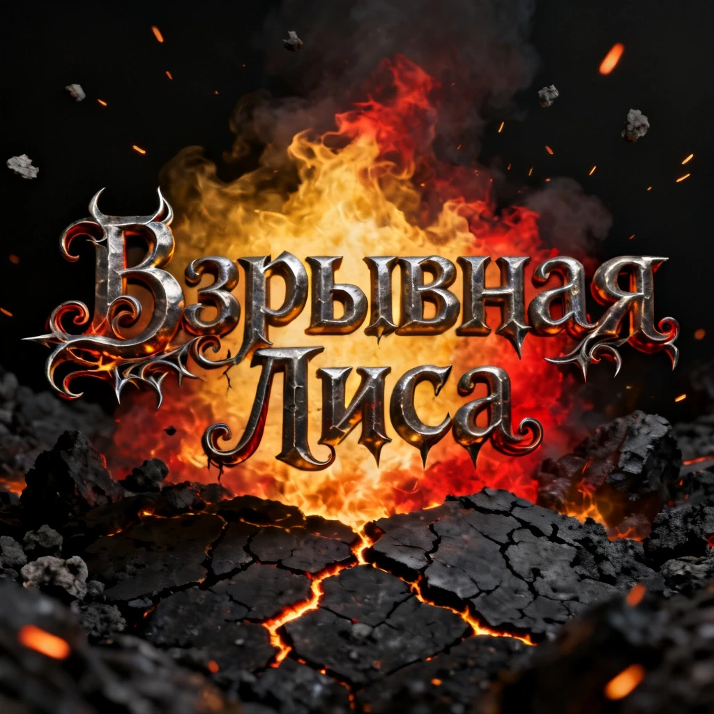 Cinematic glowing charred obsidian and smoldering coal title text in Russian: "Взрывная Лиса" with intricate gothic-inspired, flame-twisted curlicues and sharp,…