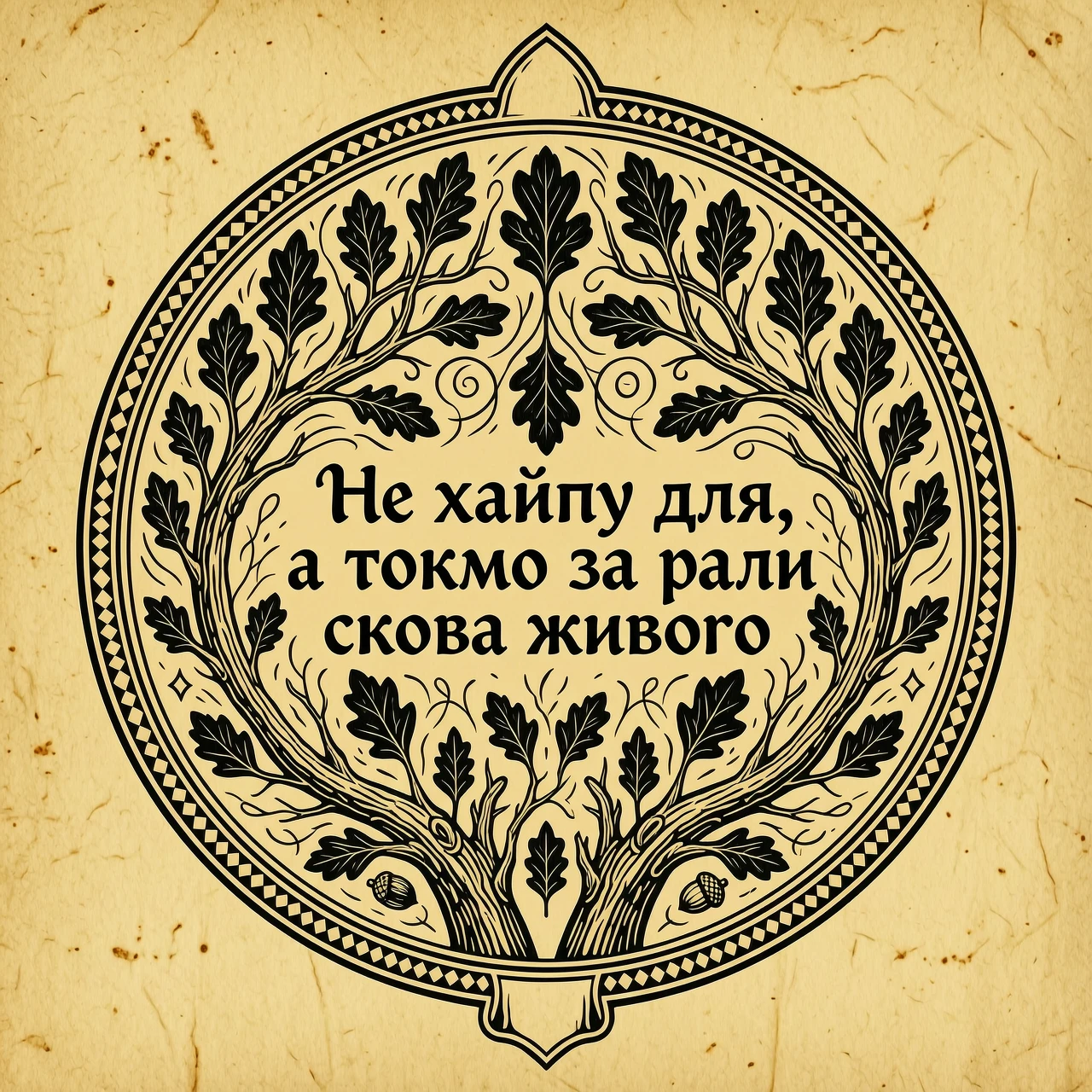 Логотип для блога. Текст в центре: "Не хайпу для, а токмо за ради слова живого". Текст написан старославянской вязью или каллиграфическим шрифтом, расположен по кругу…