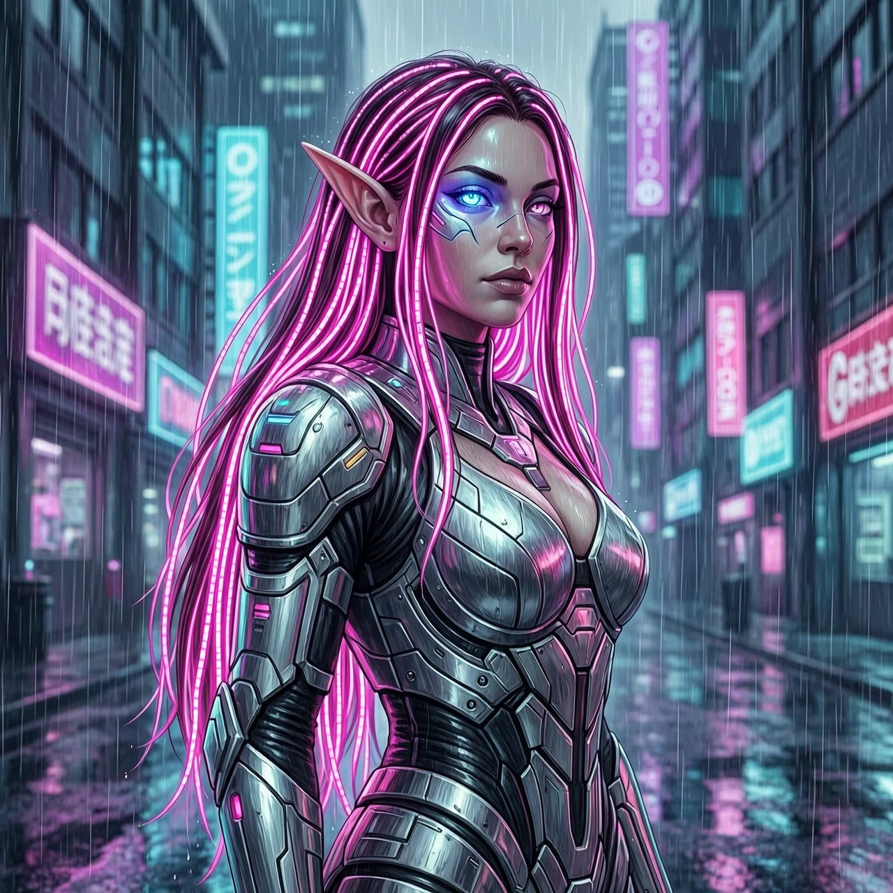 Futuristic cyberpunk elf woman, long hair with glowing neon-pink fiber-optic strands, wearing high-tech intricate metallic armor, neon city background, rain, glowing cybernetic…