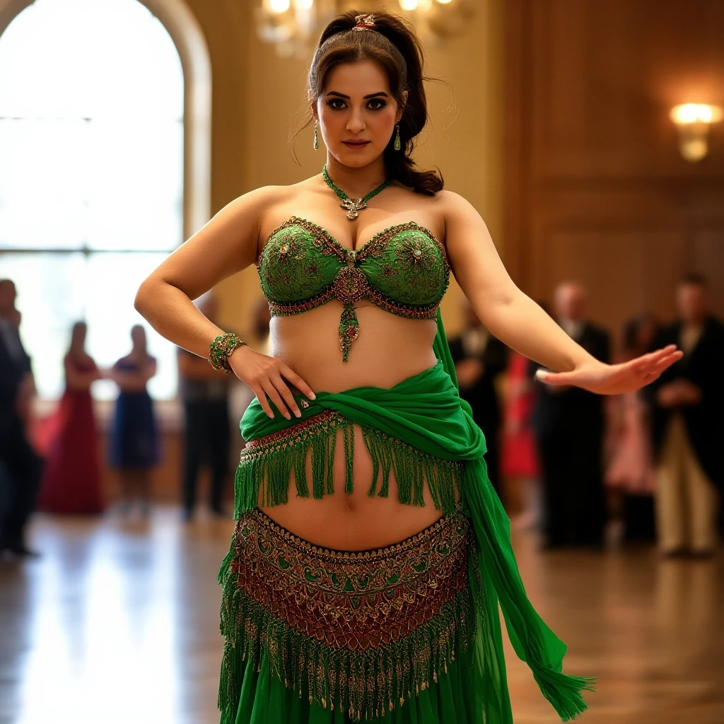 front view chubby belly dancer fifty years woman in green costume brown short ponytail hair stand in hall — работа пользователя Прекрасная Мантикора