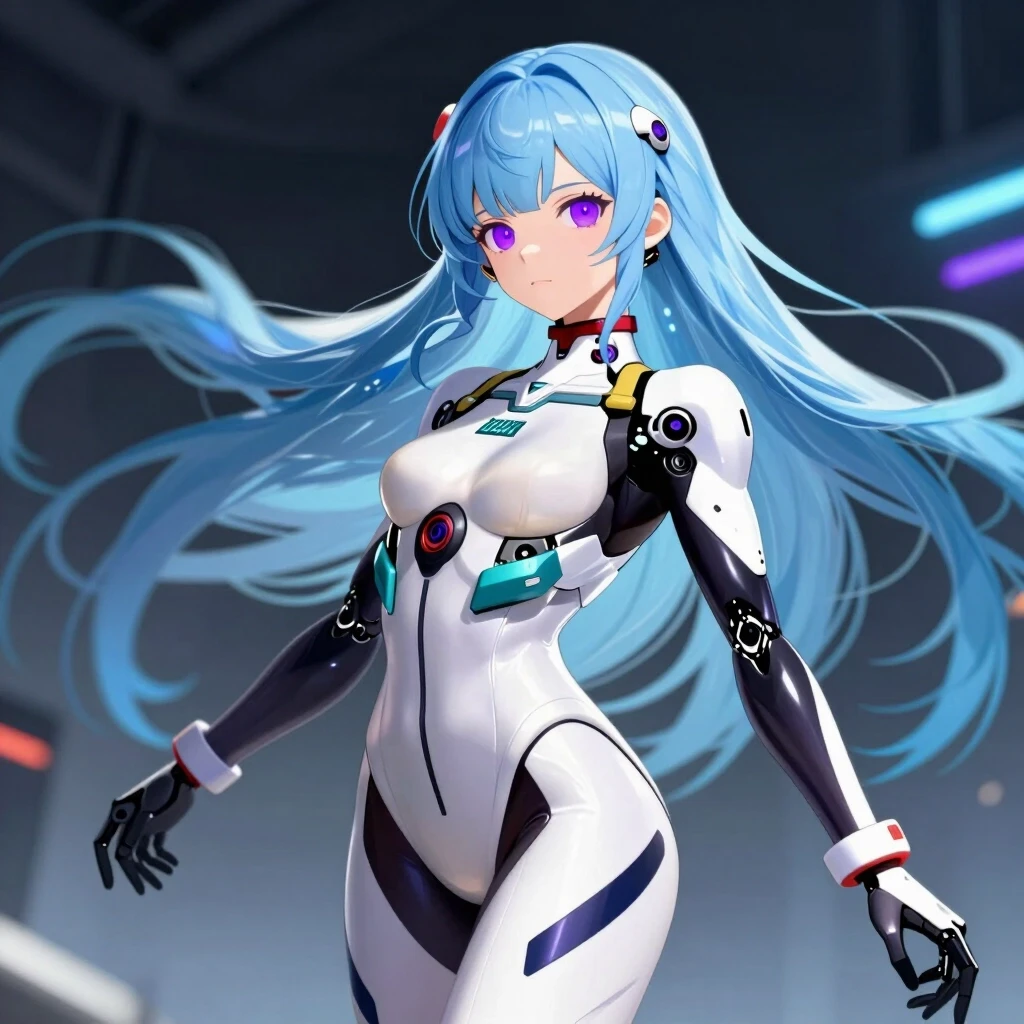 lacia beatless, beatless, 1girl, solo, android, long light blue hair, purple eyes, blunt bangs, mechanical parts, white and black bodysuit, dynamic pose, looking at viewer,…