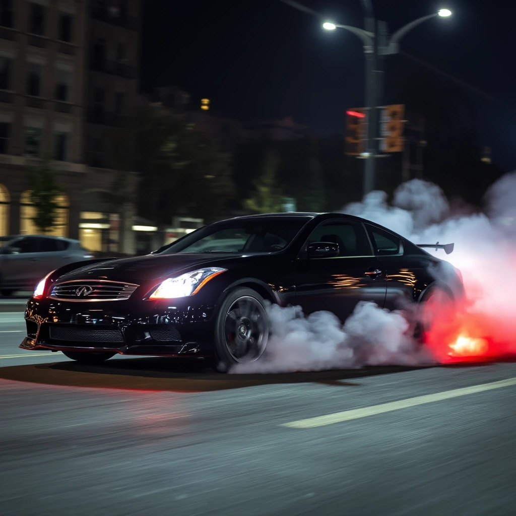 Infinity g35 делает бернаут на главной улице в ночном городе, тормоза раскалились, из колес идет дым — работа пользователя Быстрая Симметрия