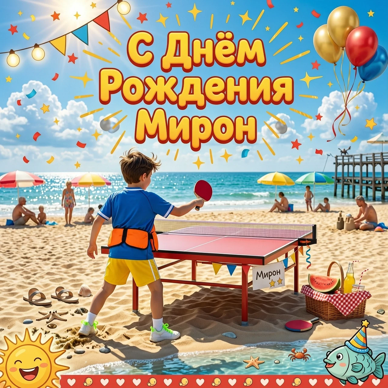 Мальчик играет в настольный теннис на морском побережье.стоит спиной. Общий настрой картинки праздничный . Фото в стиле мультика надпись с днем рождения мирон — работа…