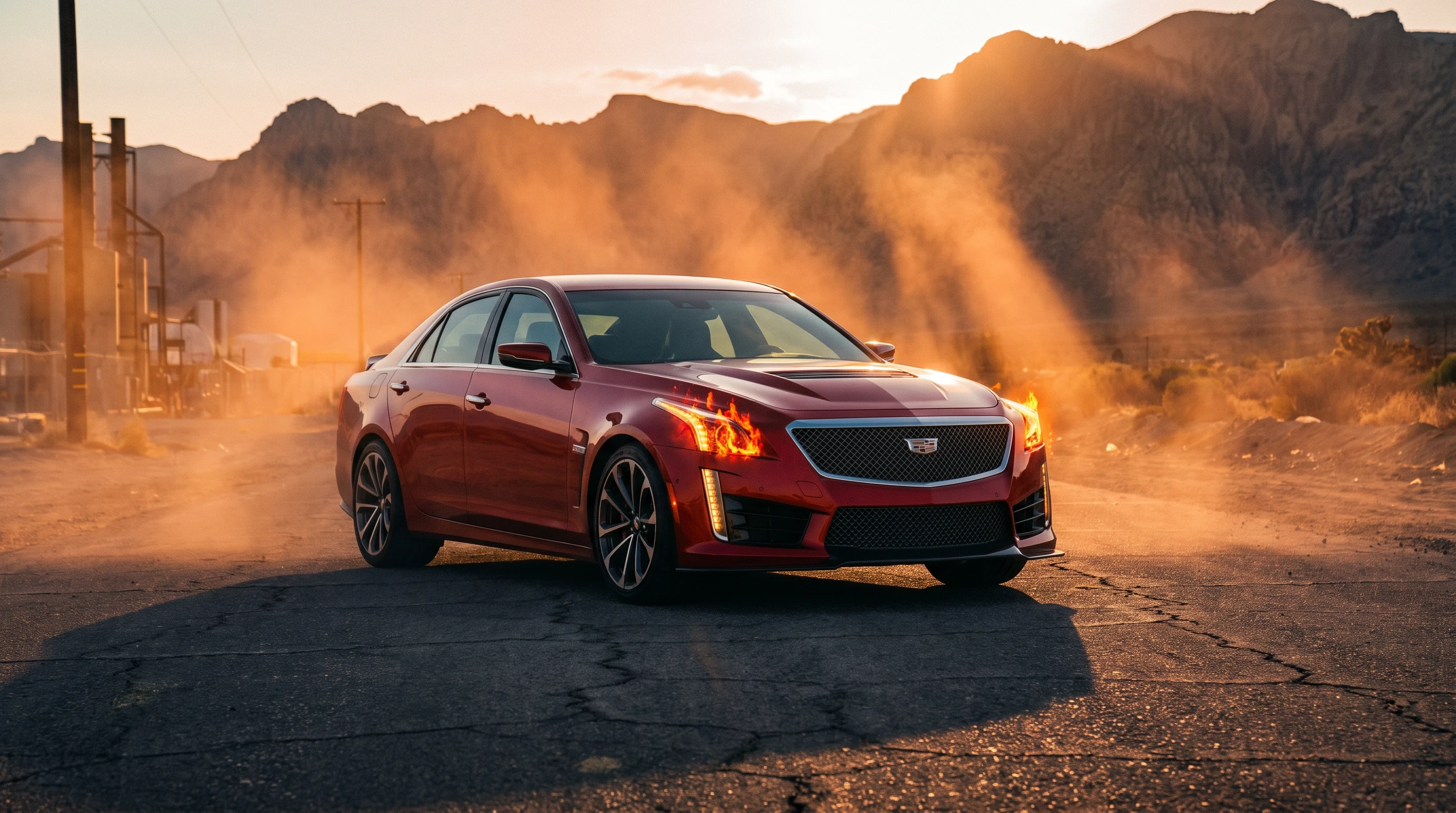 Cadillac CTS, красный окрас, стоит на асфальте, эпичный ракурс, оранжевые лучи, горящие фары, кинематографичная съёмка, шедевр — работа пользователя Весенний Герой
