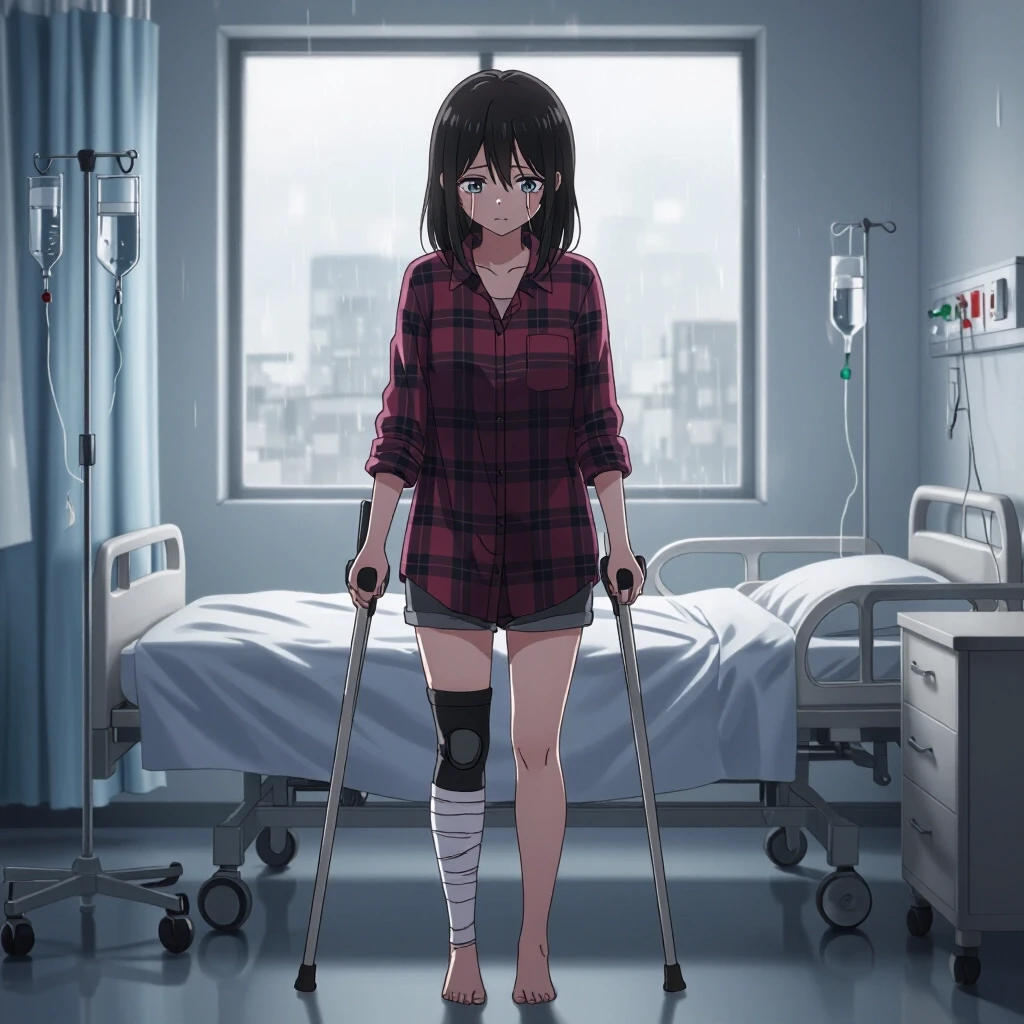 A sad young one-legged, barefoot woman standing with crutches in a hospital room. She wears a long plaid shirt reaching to the upper third of her thigh; shorts. Her posture is…