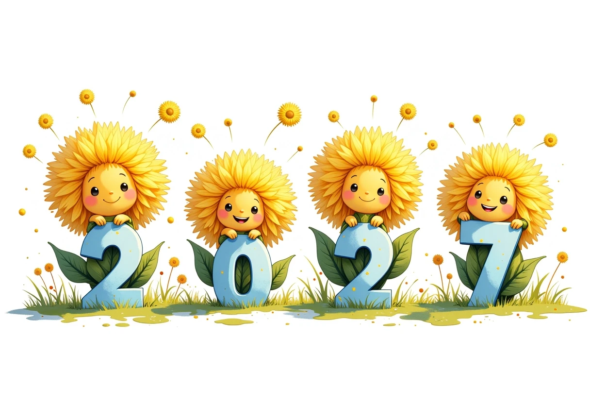 20) Четыре милих антропоморфных одуванчика стоят в один ряд и вместе держат крупные цифры 2027 на белом акварельном текстурном фоне. Каждый одуванчик держит в лапках-листиках…