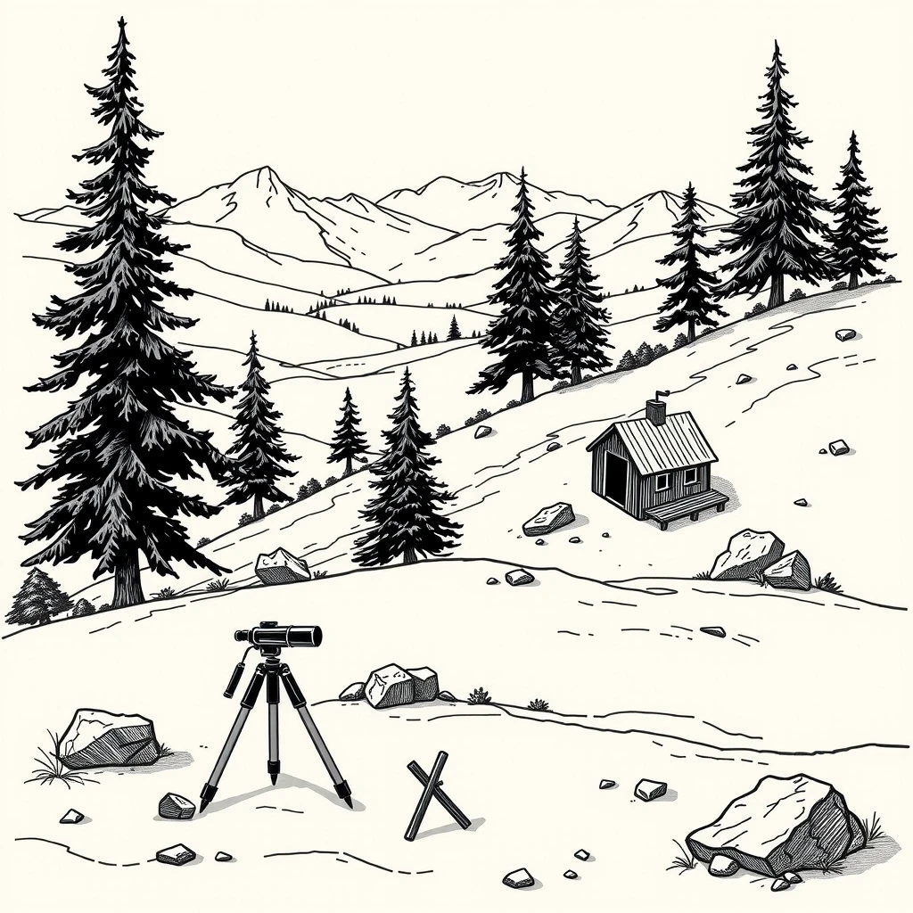 A black and white landscape illustration in the art style of Stanford Pines’ journal from Gravity Falls: sketchy ink lines with light cross‑hatching, like pen drawing on aged…