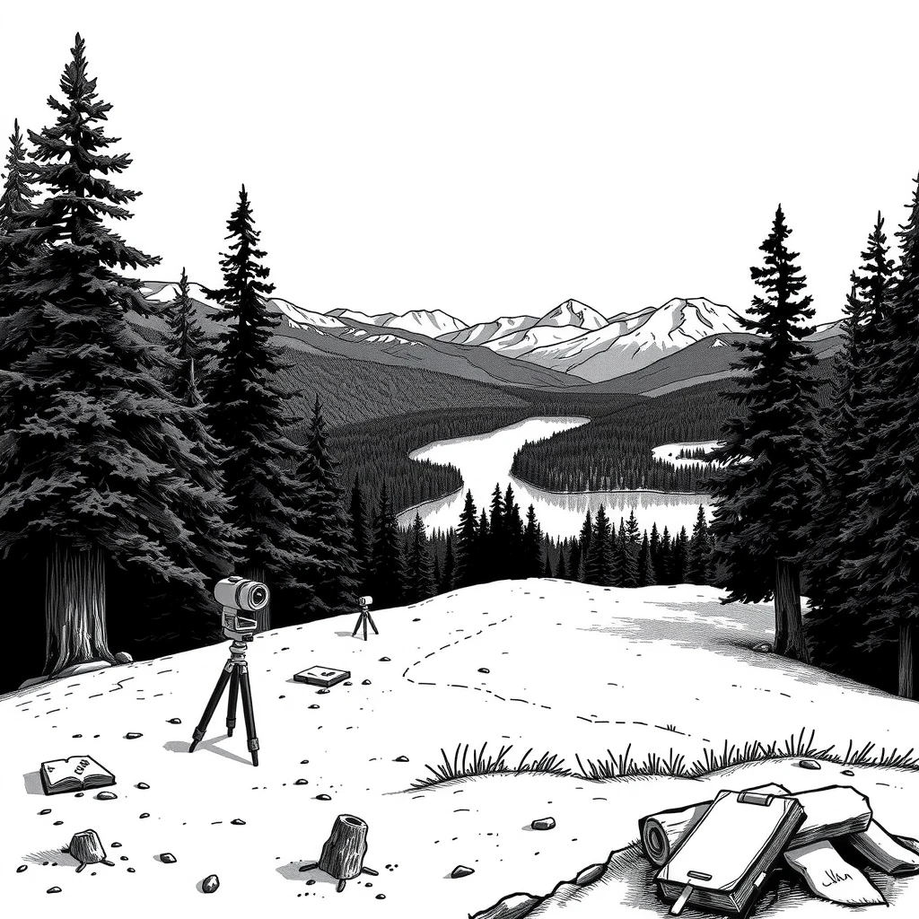 A black and white landscape illustration in the art style of Stanford Pines’ journal from Gravity Falls: sketchy ink lines with light cross‑hatching, like pen drawing on aged…