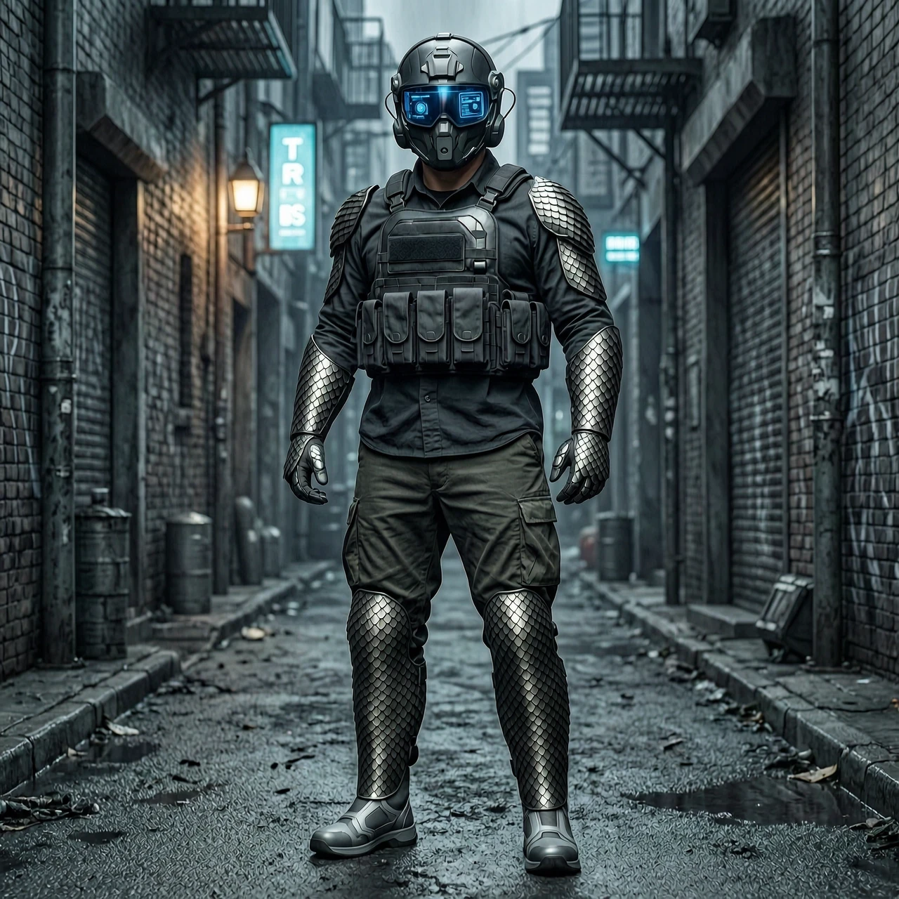 A full-body concept art of a sci-fi military operative standing in a dark cyberpunk alley. He is wearing a realistic loose dark tactical combat shirt and loose military combat…