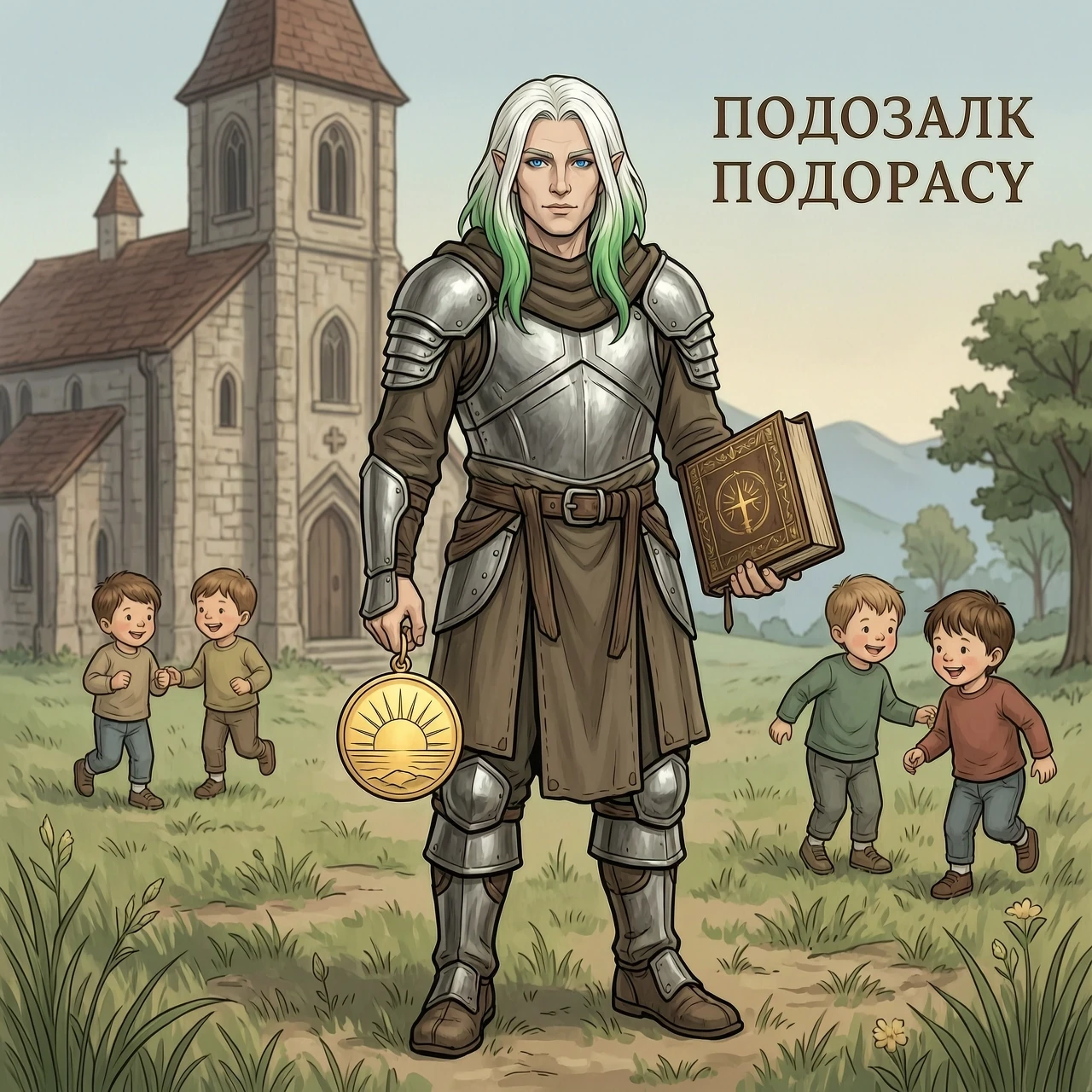 Нарисуй арт персонажа для ДнД. Это Полуэльф с белыми волосами, а кончики волос окрашены в зеленоватый цвет. Глаза цвета сапфира. Одет в одежду жреца, не слишком торжественно,…