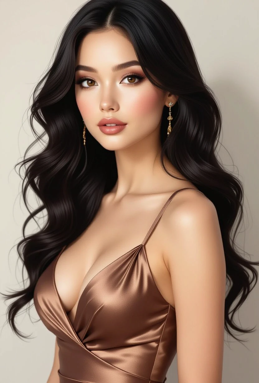slim women, wavy long black hair, brown eyes, satin dress, intricate details, highly detailed, ultra realistic — работа пользователя Леденящий Оазис