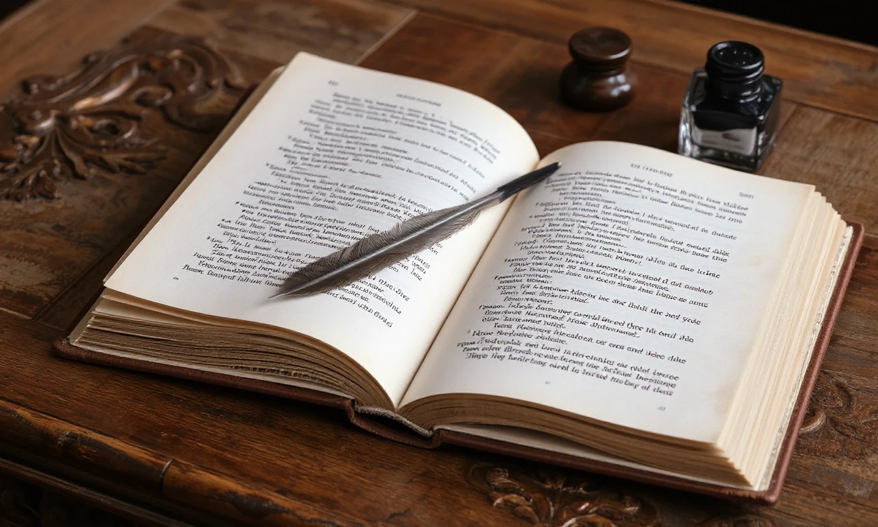 Раскрытая книга со слегка пожелтевшими страницами, лежащая на резном деревянном столе, рядом находятся перо и чернильница — работа пользователя Эффектная Радуга