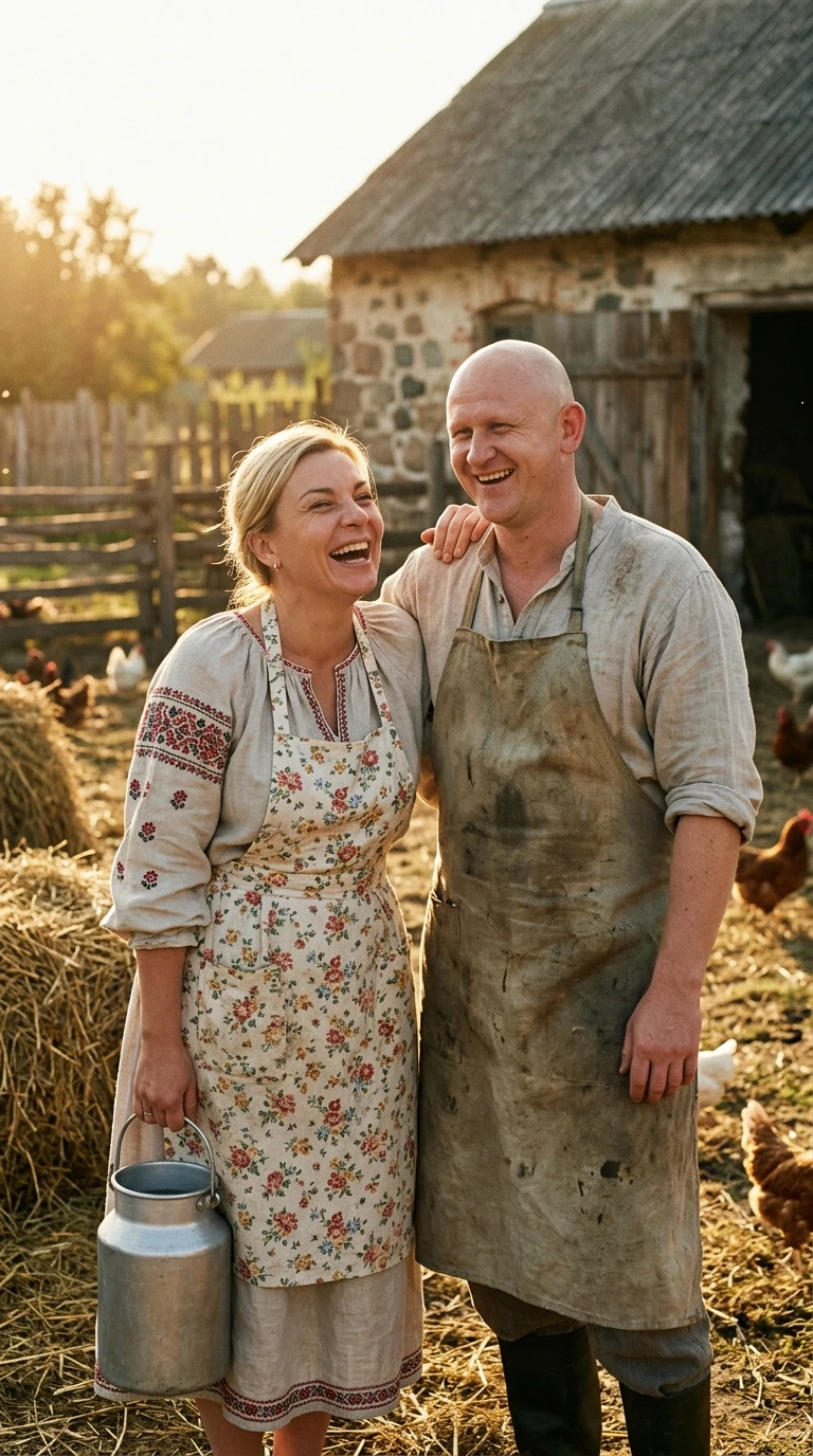 Hyper-realistic cinematic film still of a cheerful milkman and a milkmaid in a rustic countryside setting. The man and woman maintain their exact facial features from the…