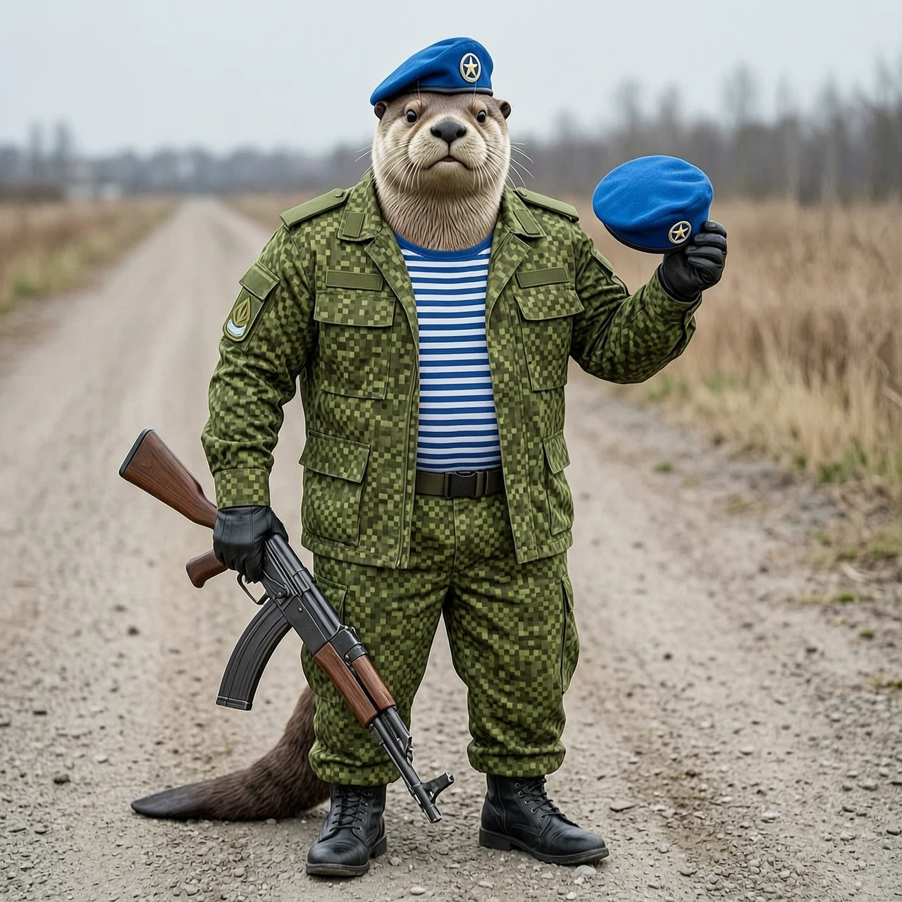 Сгенерируй изображение (Антропоморфный накаченный бобёр военный, в левой руке он держит берет (он как будто его вот вот оденет), в правой руке держит акс-74 дулом вниз. Одежда…