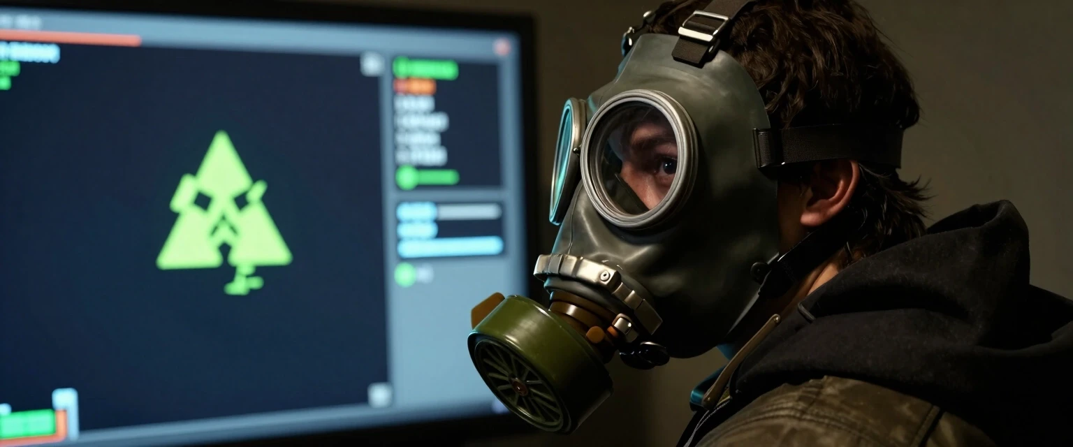 Создай изображение персонажа из игры nuclear nightmare который носит противогаз, и сделай так что бы он смотрел в экран одной стороной — работа пользователя Уникальный Ускоритель