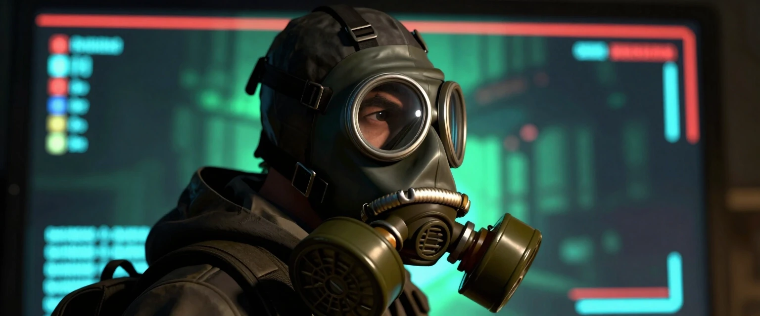 Создай изображение персонажа из игры nuclear nightmare который носит противогаз, и сделай так что бы он смотрел в экран одной стороной — работа пользователя Уникальный Ускоритель