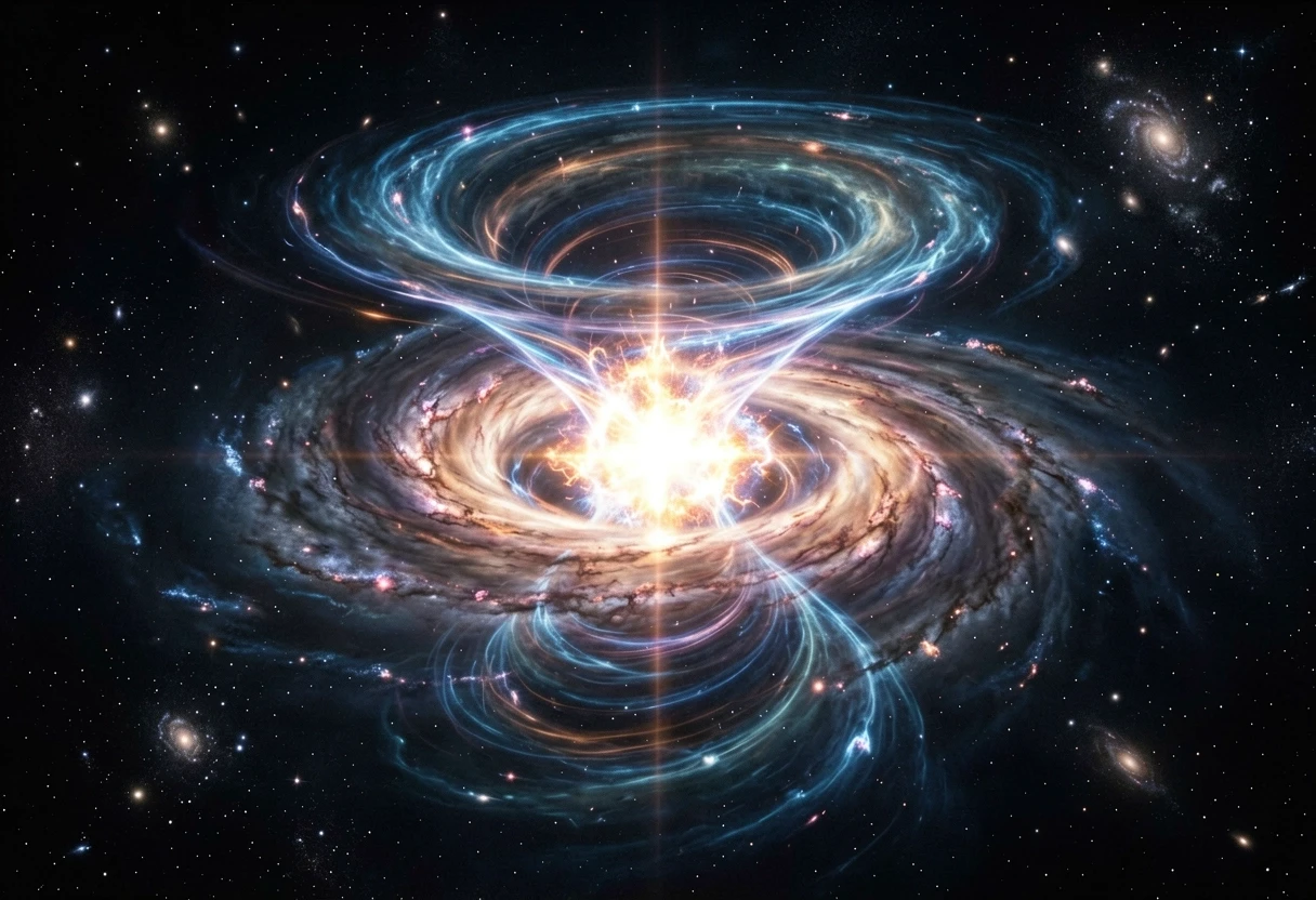 "A massive galactic quantum spiral shaped like an hourglass, consisting of two gigantic rotating energy funnels that taper and meet at the exact center. A blinding quantum…