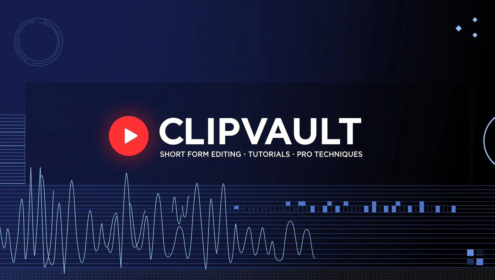 Wide YouTube channel banner for a modern short-form video editing channel called ClipVault. Dark navy and black gradient background, subtle abstract audio waveform and editing…