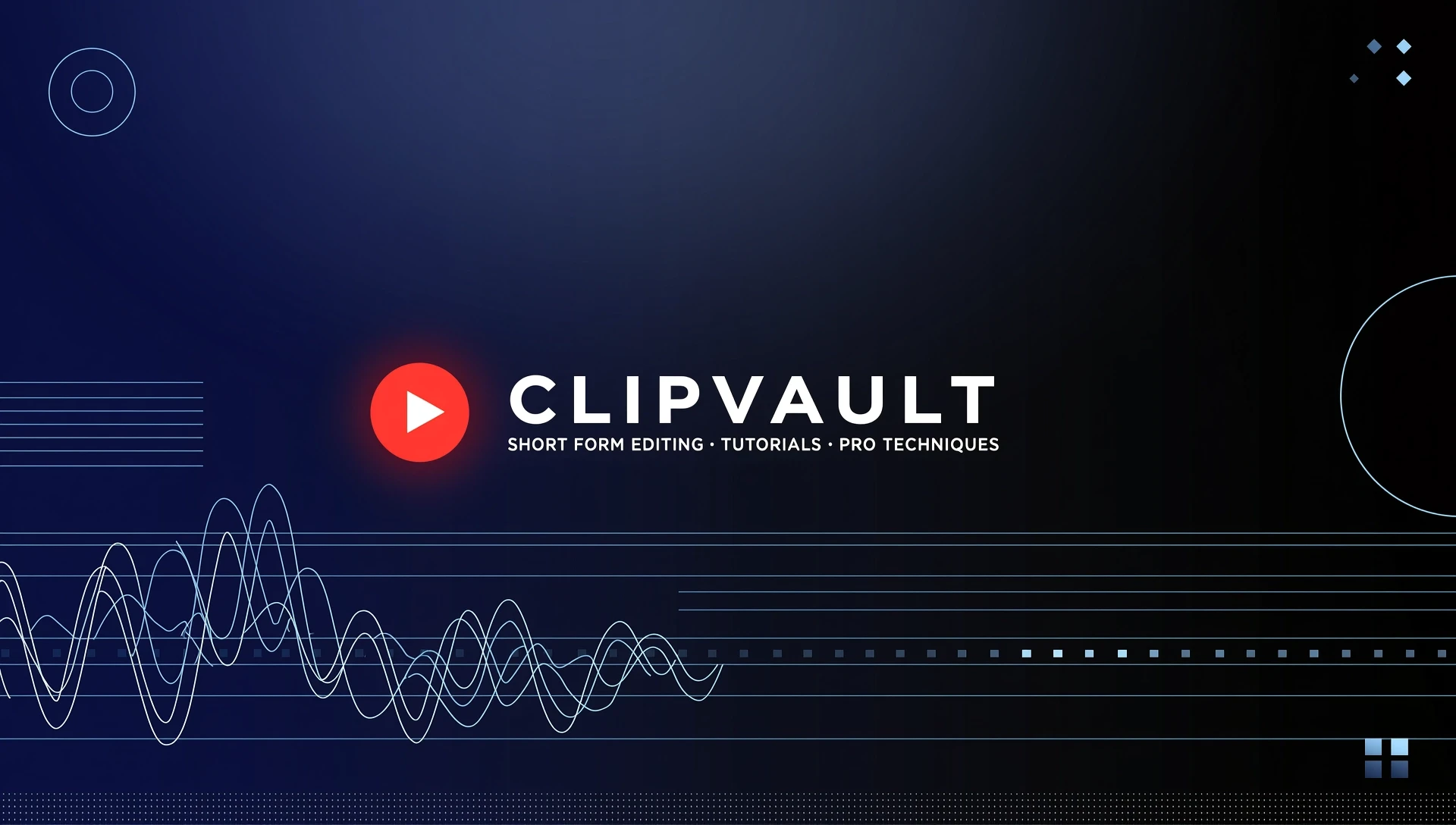 Wide YouTube channel banner for a modern short-form video editing channel called ClipVault. Dark navy and black gradient background, subtle abstract audio waveform and editing…