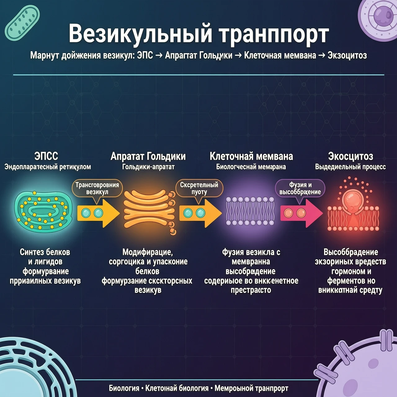 Схема движения везикулы: ЭПС \(\rightarrow \) Аппарат Гольджи \(\rightarrow \) Клеточная мембрана \(\rightarrow \) Экзоцитоз. — работа пользователя Духовный Гном