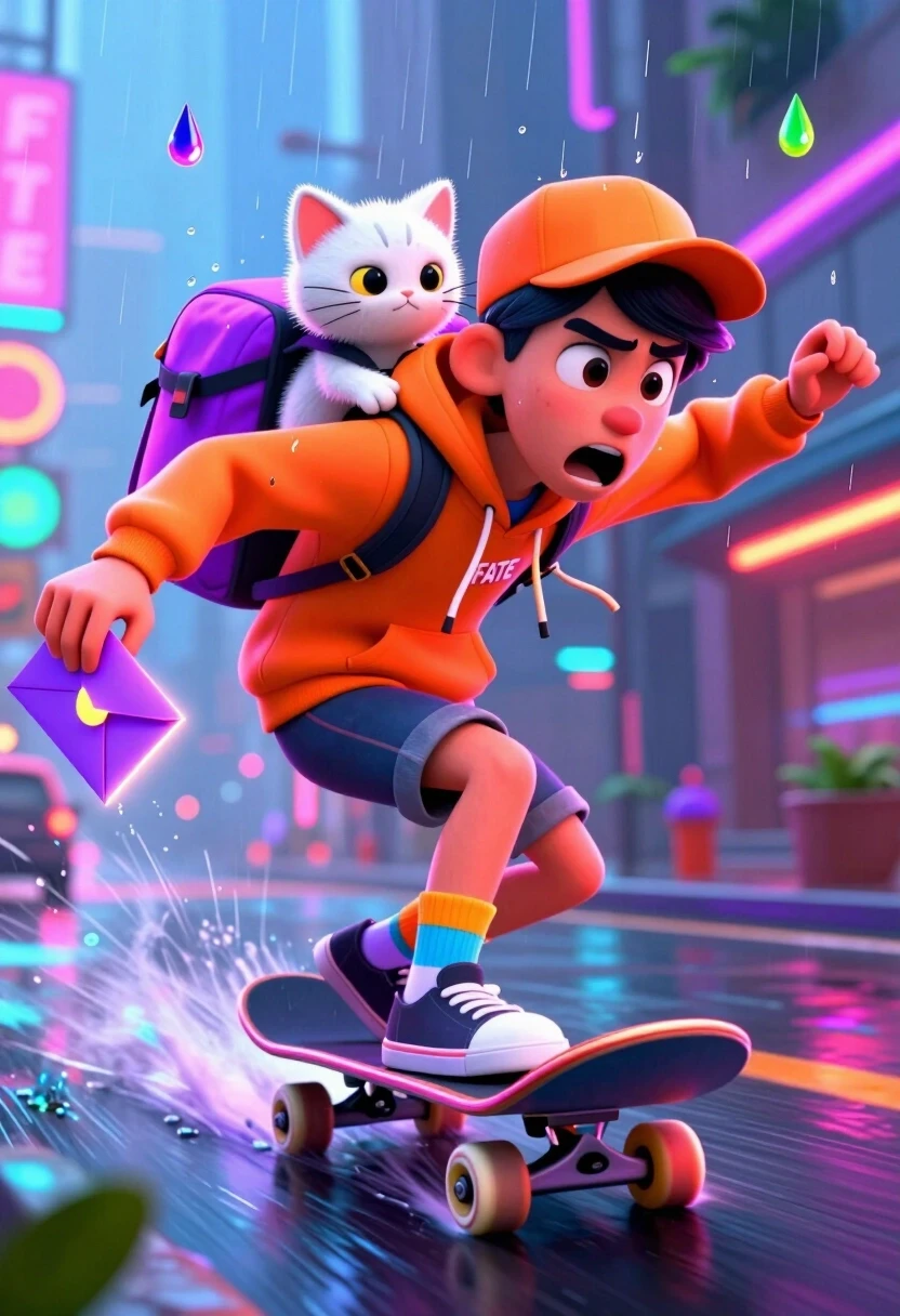 3D rendered cinematic animation, Pixar-level lighting, vibrant saturated colors, high-end octane render. A hyper-energetic teenage courier in a neon-orange hoodie and mismatched…
