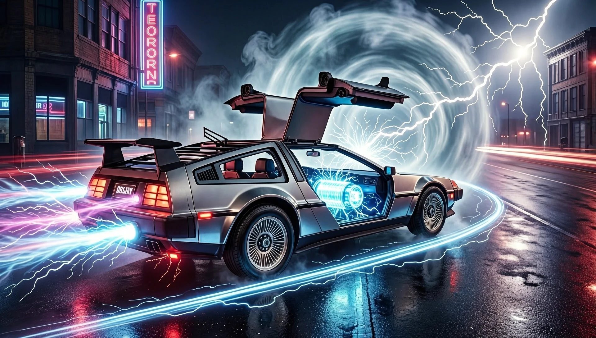 A cinematic time machine inspired by the iconic 1980s retro-futuristic DeLorean aesthetic, stainless steel sports car transformed into a time machine, gull-wing doors, glowing…