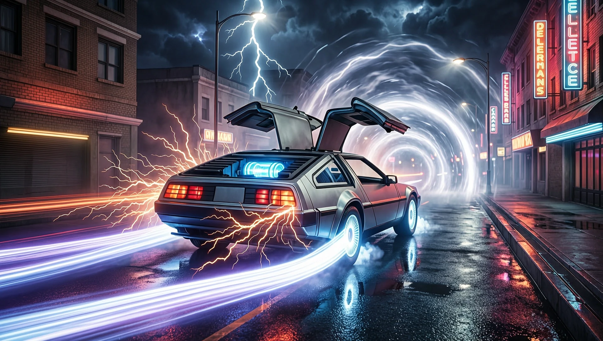 A cinematic time machine inspired by the iconic 1980s retro-futuristic DeLorean aesthetic, stainless steel sports car transformed into a time machine, gull-wing doors, glowing…
