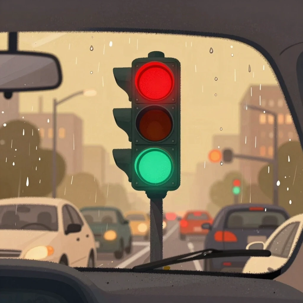 Warm cozy illustration, view from inside a car through the windshield at a rainy evening intersection. A large traffic light is clearly visible in the center, red signal on top…