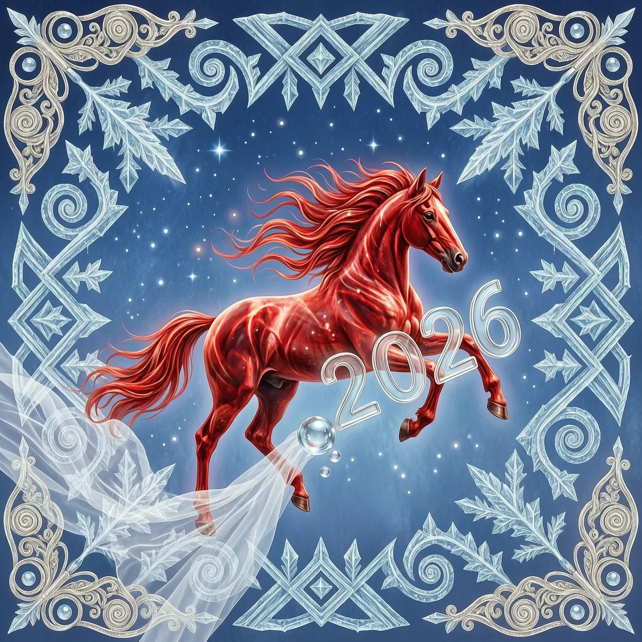 In the double exposure style. An ephemeral mythical creature in the form of a beautiful scarlet fiery horse with a long wavy mane collects the word "2026" from glass…