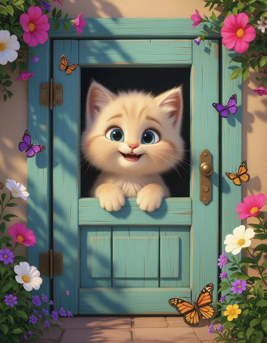 Создай 3D-иллюстрацию в стиле современной анимации Pixar. В центре композиции — очаровательный мультяшный котёнок светло‑кремового окраса с пушистой шерстью и огромными…