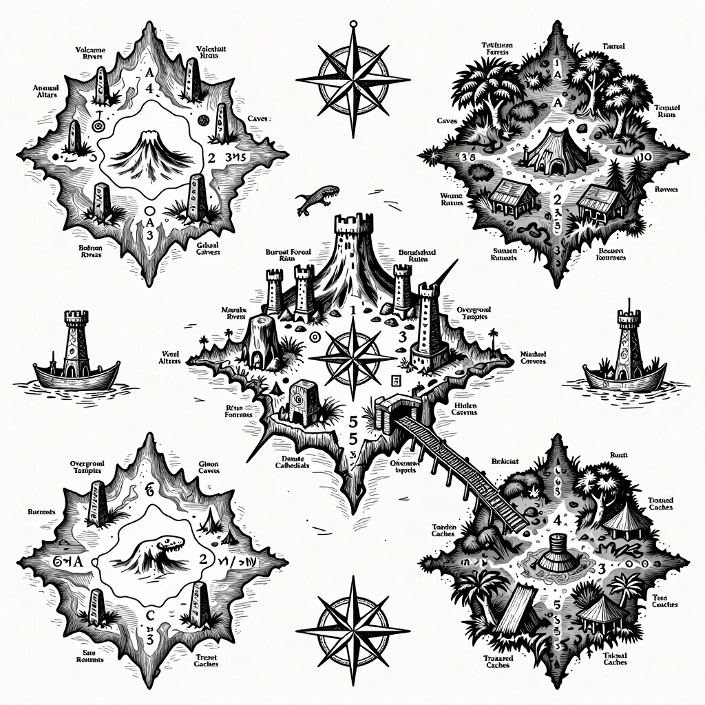2D top-down authentic gritty dark fantasy nautical map, high-detail medieval woodcut style, inspired by Tainted Grail: Fall of Avalon. Pure white background with sharp,…