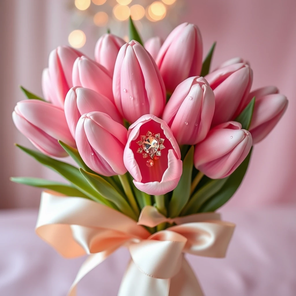 Luxury birthday greeting card, elegant bouquet of soft pink tulips, porcelain-like petals, decorated with dew drops and pearl beads, champagne satin ribbon with crystal…