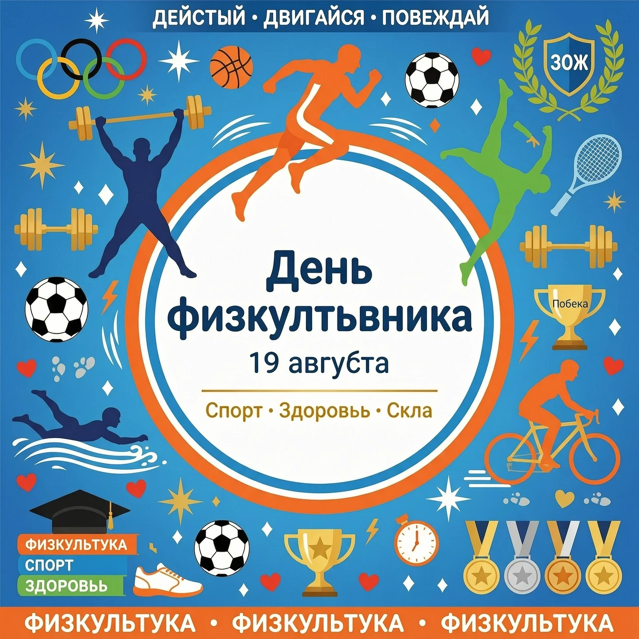 Нарисуй векторный рисунок на тему День физкультурника, оставь по центру свободное место для текста. — работа пользователя Новаторская Стрела