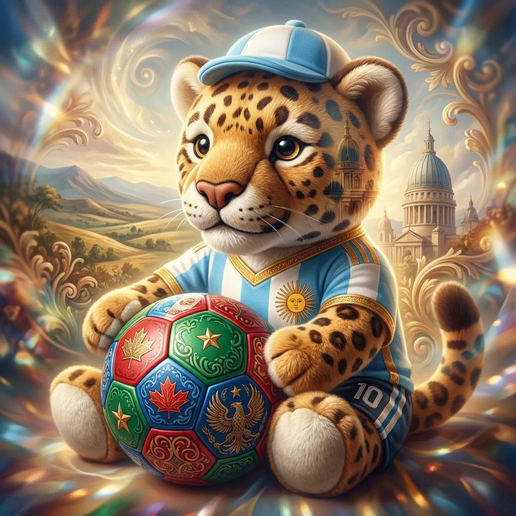 (The Mascot):plush jaguar stuffed toy, football, game, mascot. (Appearance):He is wearing a football uniform in the colors of the national flag of Argentina. He holds a tricolor…