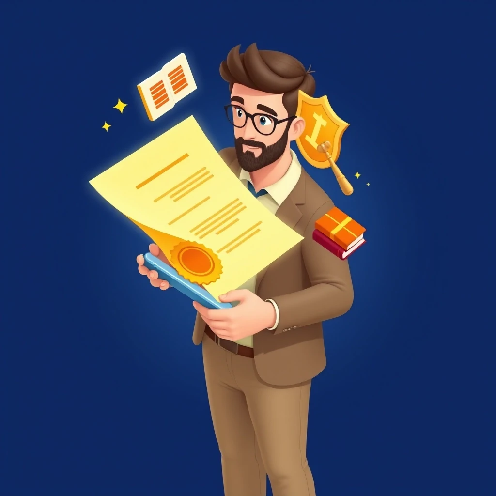 Isometric 3D illustration, middle-aged man standing relaxed, holding a smartphone in his hand, a bright 3D document with a seal and text flying out of the phone screen, floating…