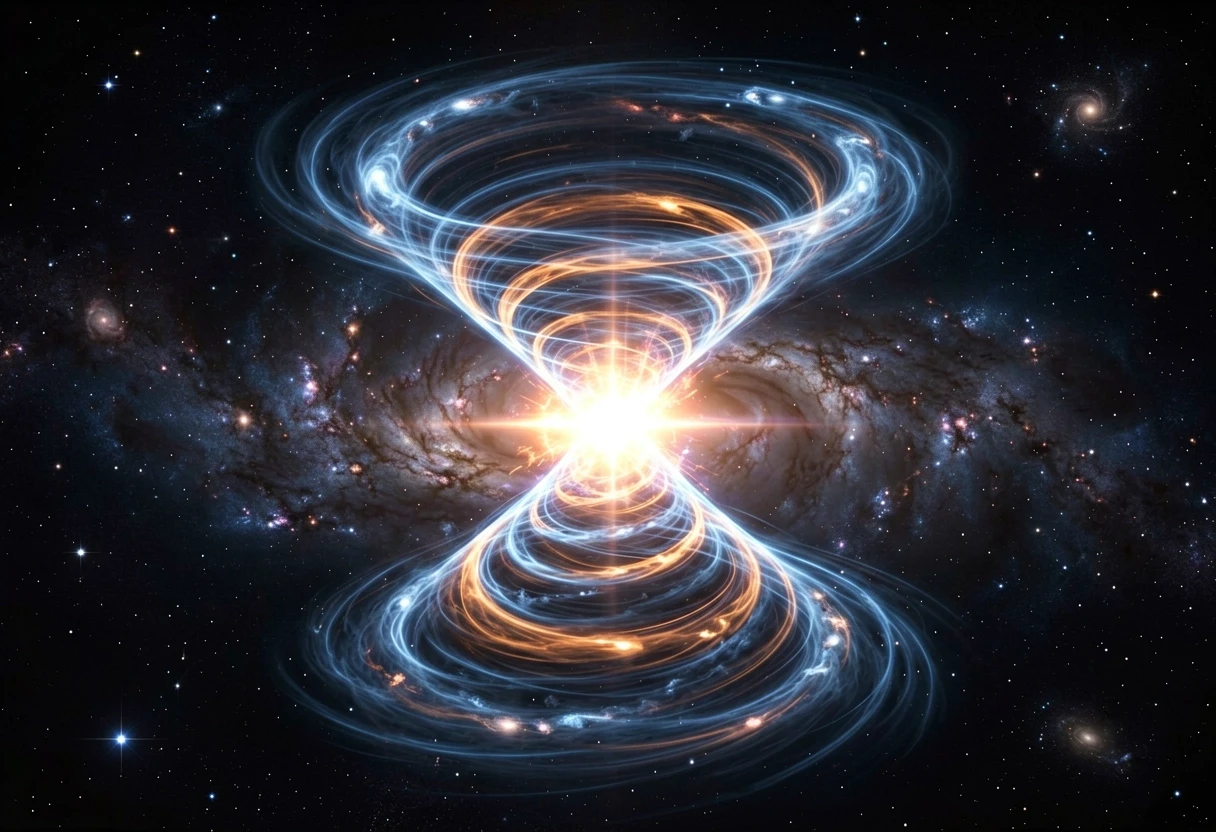 "A massive galactic quantum spiral shaped like an hourglass, consisting of two gigantic rotating energy funnels that taper and meet at the exact center. A blinding quantum…