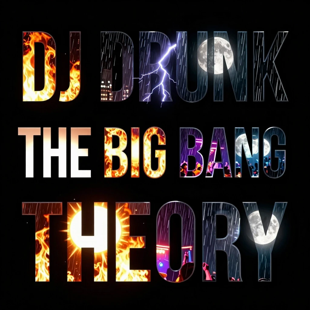 Bold 3D typography on a solid pitch-black background. The text is broken into three lines: first line "DJ DRUNK'", second line "THE BIG BANG", third line…
