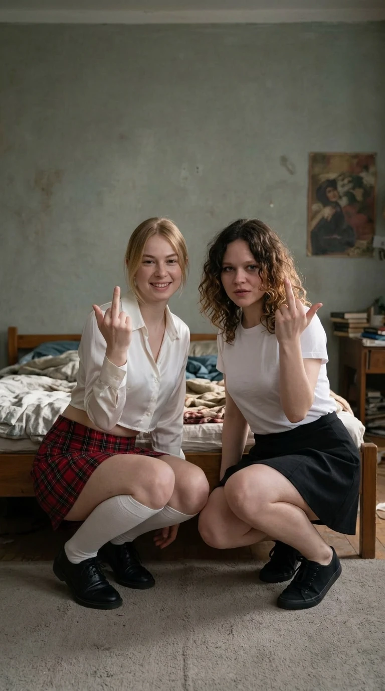 Две девушки сфотографированы сидя на корточках в спальной комнате. Первая девушка в черно-красной клетчатой мини-юбке, на ногах белые чулки и классические туфли, на верху надета…