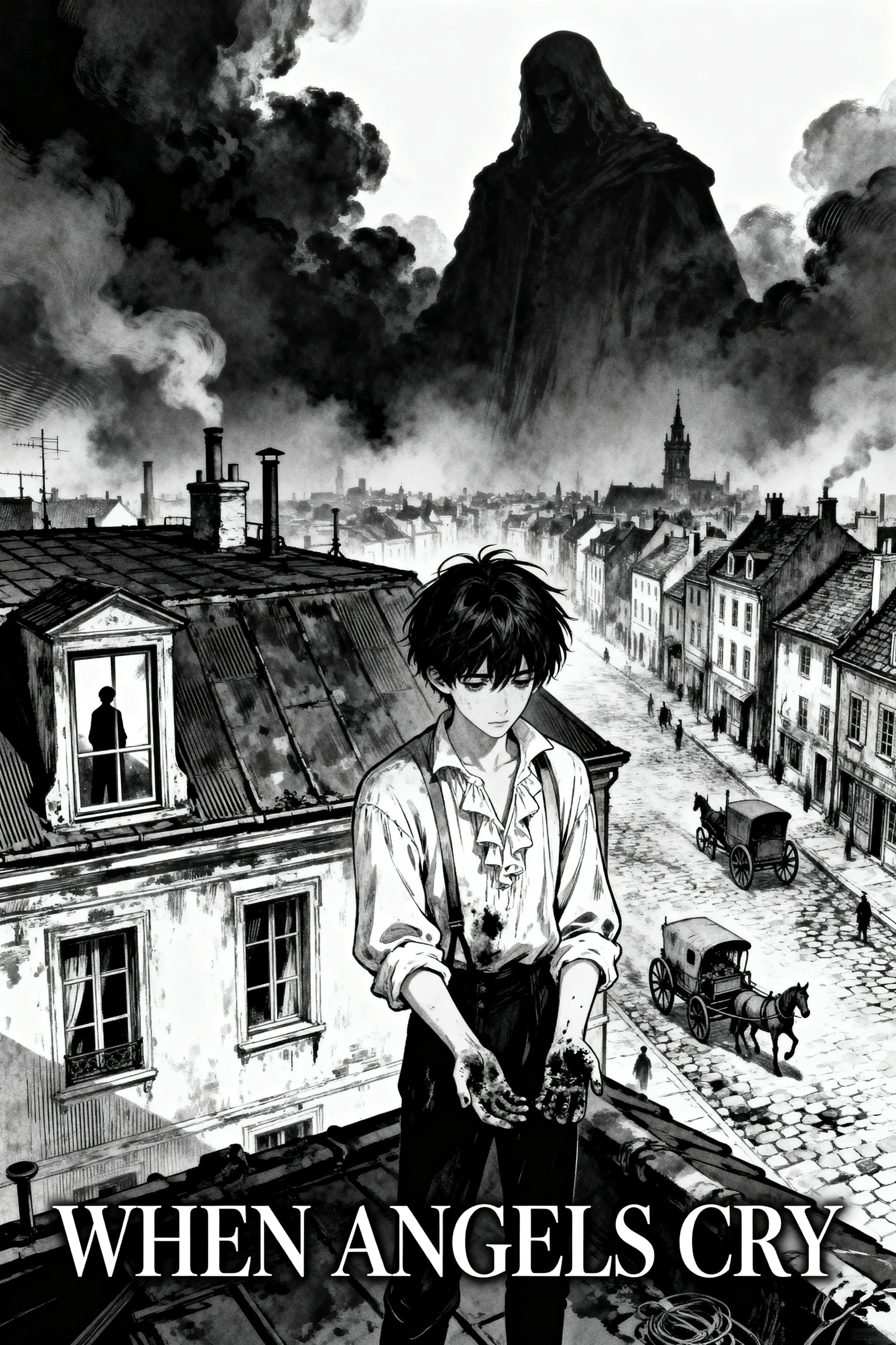 Black and white Japanese manga novel cover, dark supernatural mystery, psychological mystery, seinen manga aesthetic. A young male protagonist standing alone on the rooftop of…