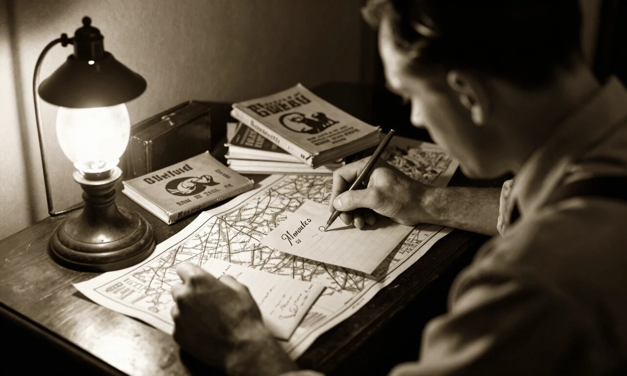 1940s man writing letters by lamplight at small desk, maps and tourist guidebooks scattered around, sepia tone, intimate lighting — работа пользователя Необыкновенный Фенрир