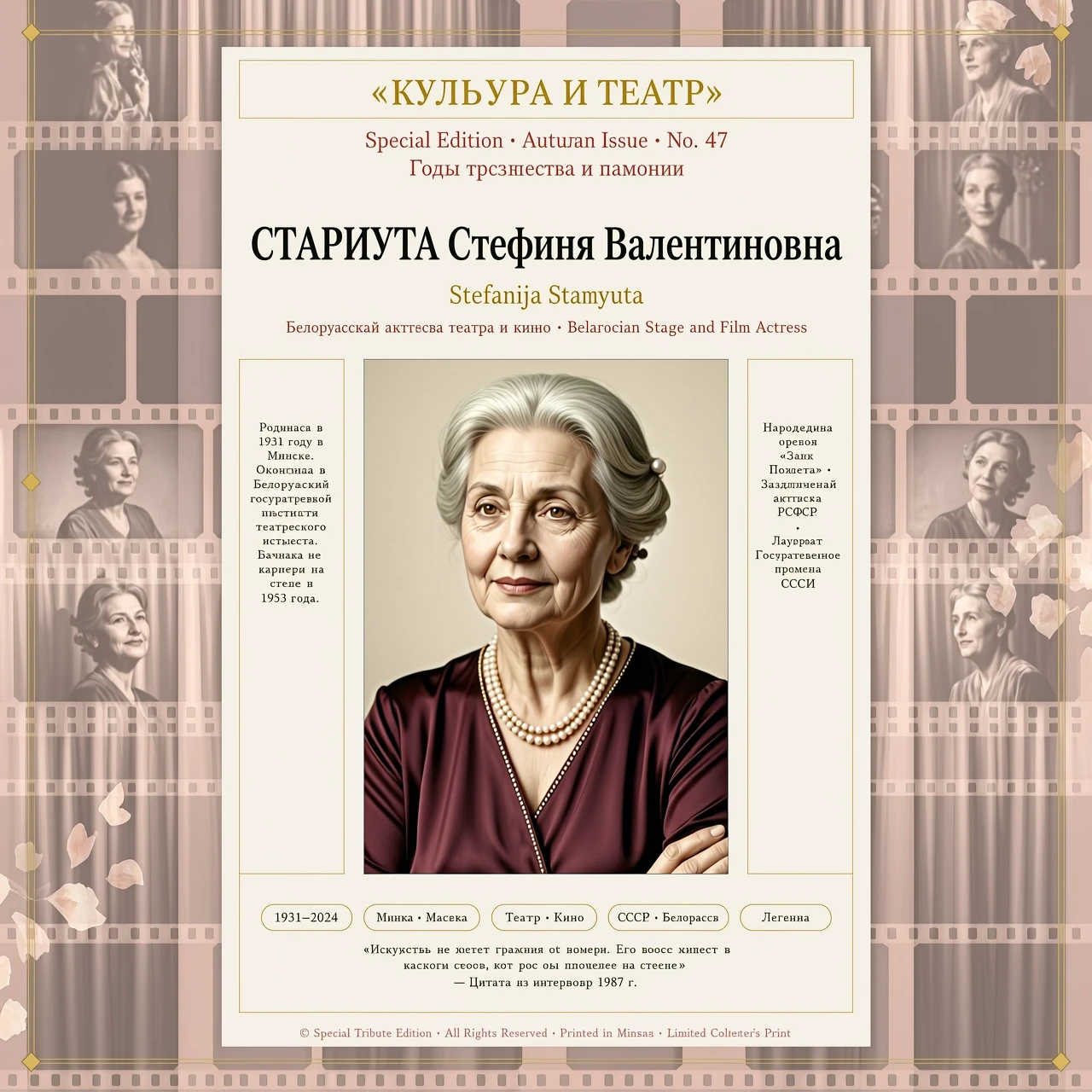 Modern magazine style infographic poster, dedicated to Stefaniya Stanyuta, a famous Soviet and Belarusian theater and film actress. In the center: an artistic, realistic…