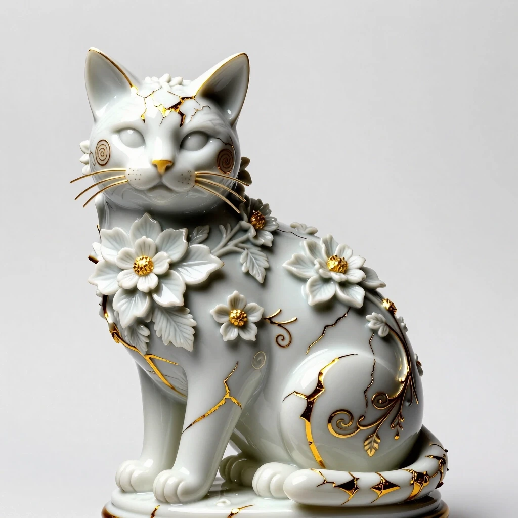 Digital image in Baroque and rocaille style with elements of kintsugi technique. Close-up. (Decorative sculpture made of white porcelain: 1.5). Golden cracks. Volume. The…
