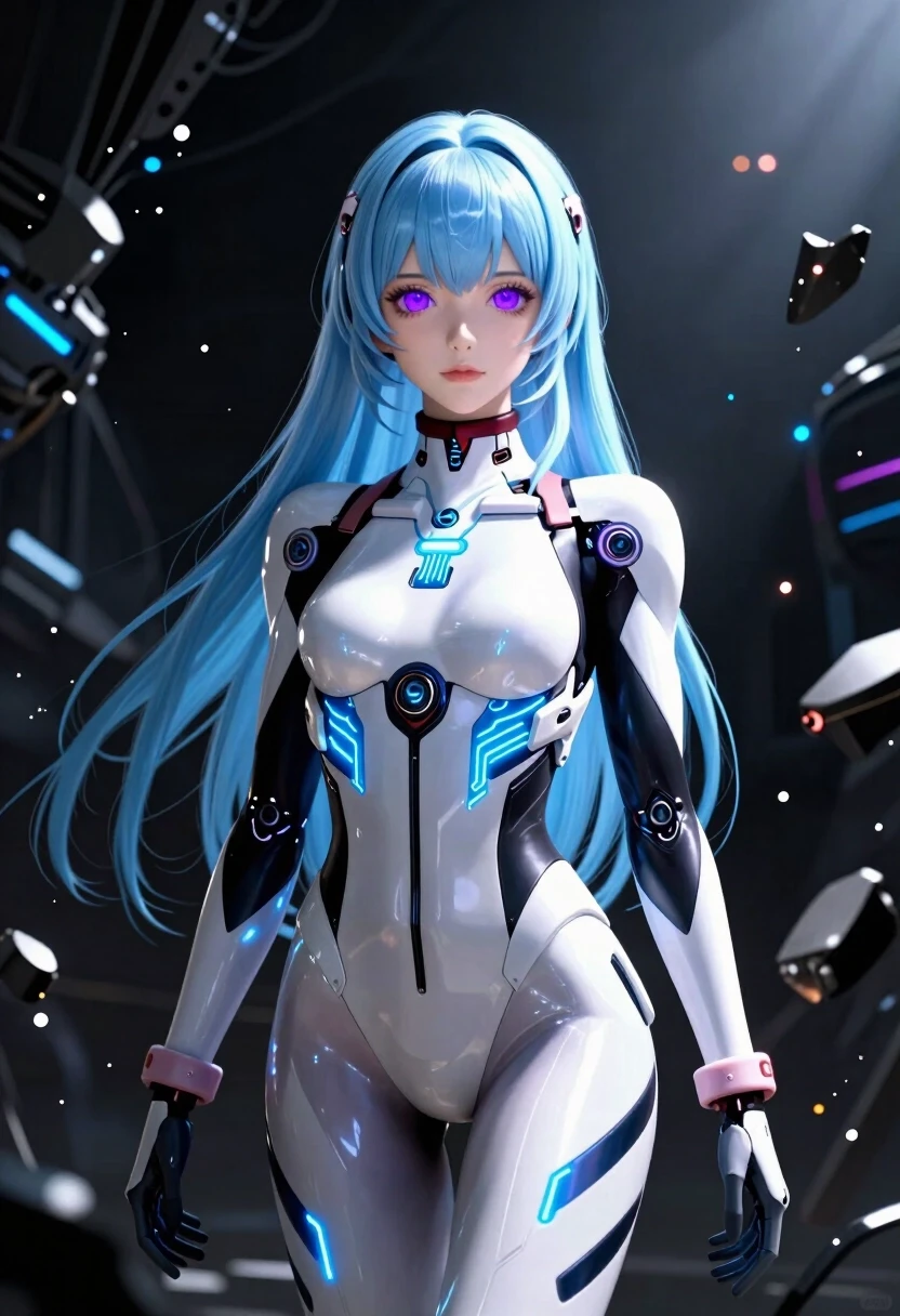 (lacia beatless:1.3), beatless, 1girl, solo, android, long light blue hair, blunt bangs, purple eyes, serene expression, futuristic white and black hIE bodysuit, glowing blue…