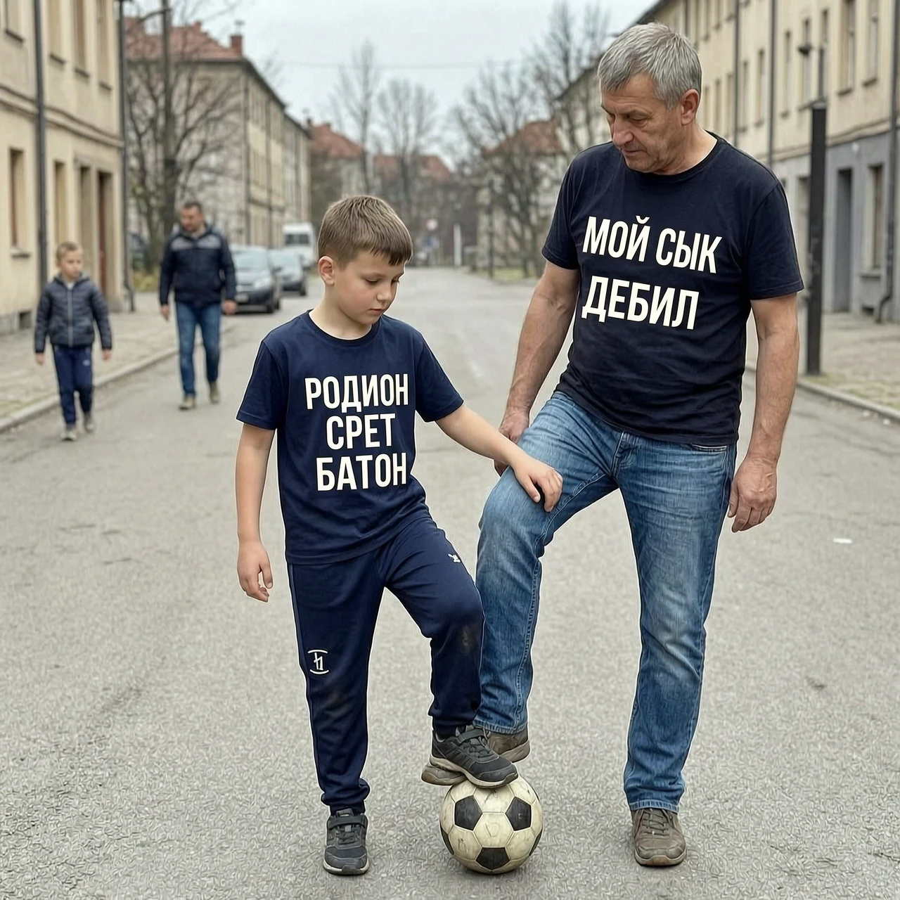 МАЛЬЧИК У НЕГО НА ФУТБОЛКЕ НАПИСАНО РОДИОН СРЕТ БАТОН ЭТО ВСЕ ПРОИСХОДИТ НА УЛИЦЕ ОН ПОМОГАЕТ ПАПЕ КАКАТЬ ДЕРЖА ЕГО ЗА НОГУ У ПАПЫ НА ФУТБОЛКЕ НАПИСАНО МОЙ СЫН ДЕБИЛ — работа…