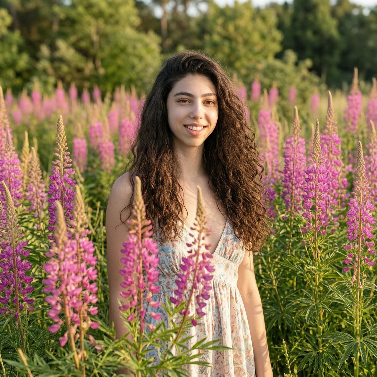 Realistic high quality photo. A girl in a low-cut summer dress poses smiling in a field of fireweed. — работа пользователя Харизматичная Аллея