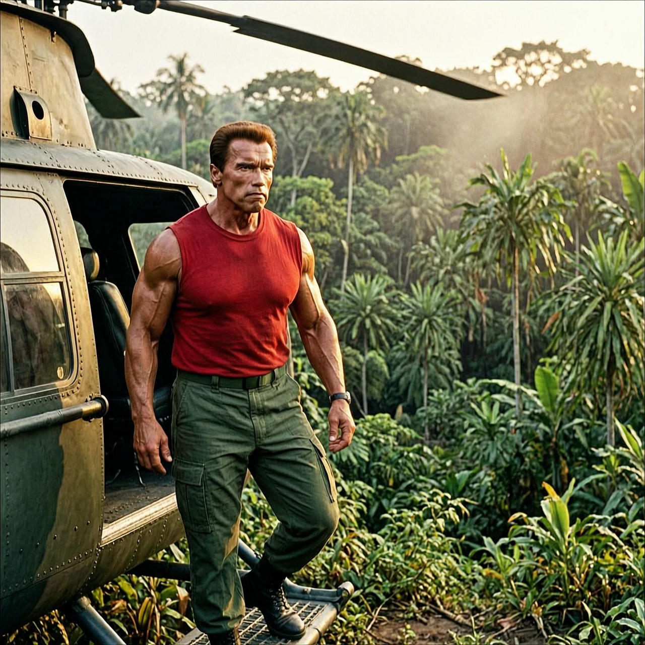 Arnold Schwarzenegger as Dutch from Predator (1987), stepping off a military helicopter, wearing a red sleeveless shirt and tactical green pants, looking intensely at the dense…